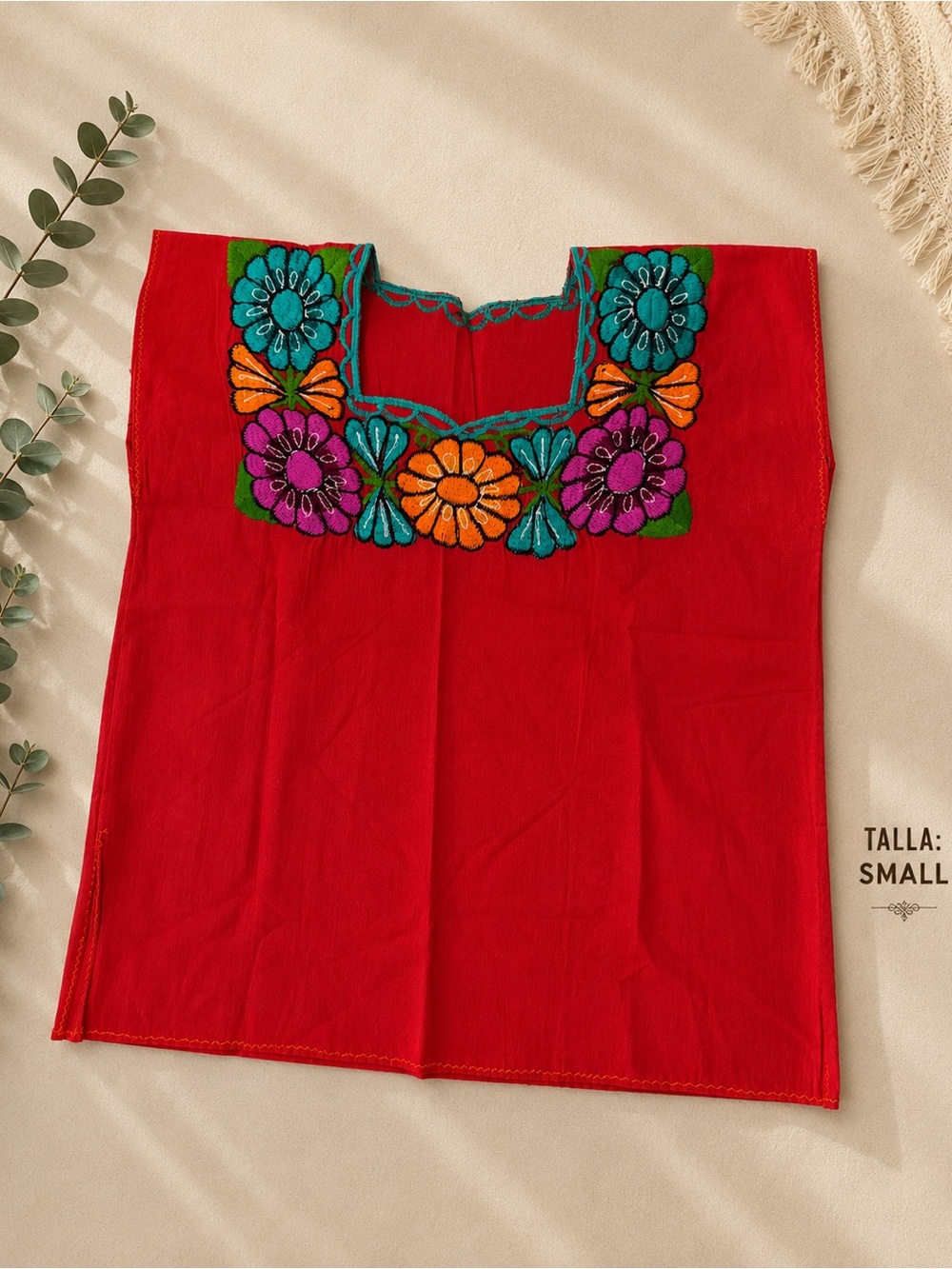 MEXICANA Red Embroidered Floral Tunic Top